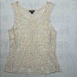 Express Ivory Sleeveless Swirly Mesh Embroidered Tank Top Size Small